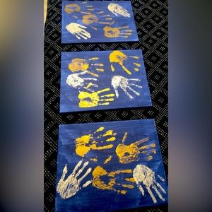 Blue and gold hand print canvas art